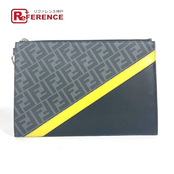 Fendi Flat Leather Diagonal Bag Black Shoulder Yellow Gray Zucca - Picture 1 of 9